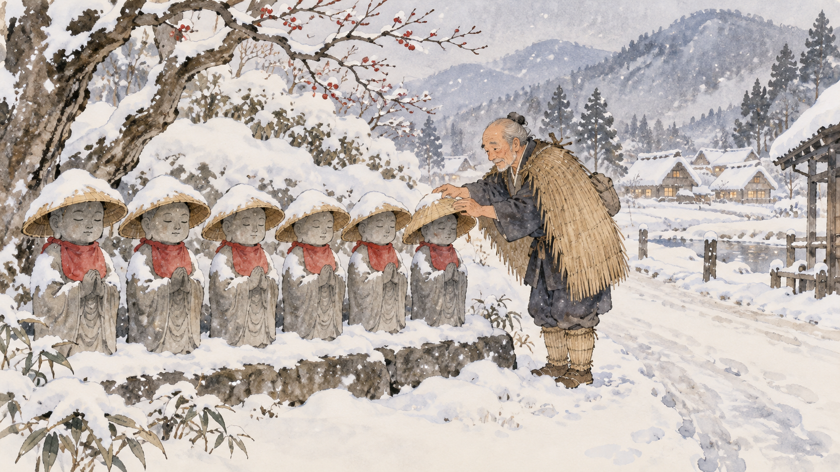 L'anziano mette i cappelli di paglia alle statue di Jizo